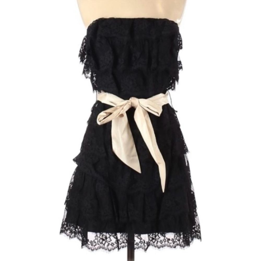 Betsey Johnson Vintage Black Strapless Tiered Lace Dress Cream Bow Size 10 NWOT
